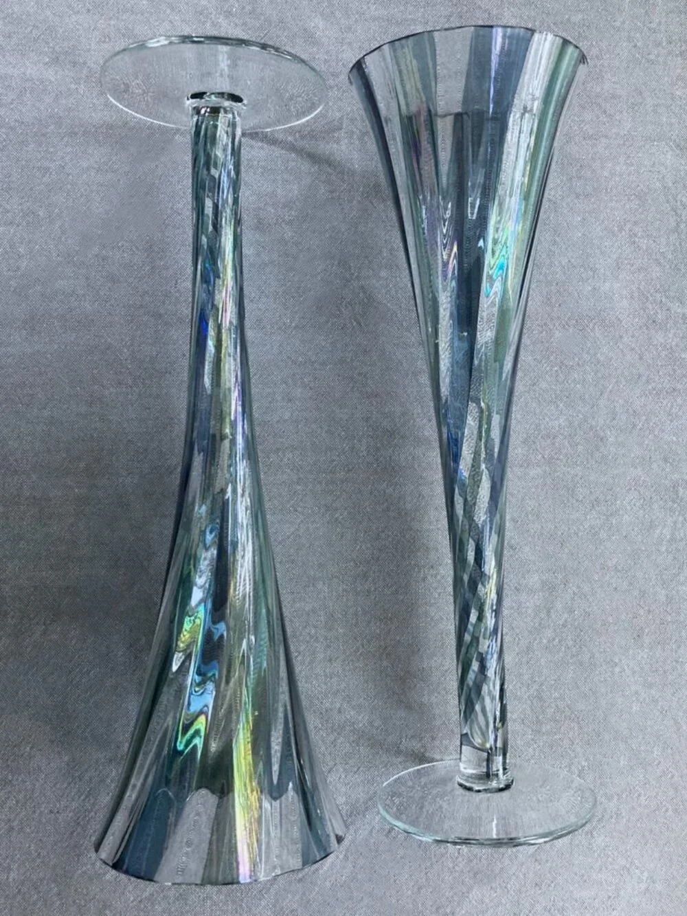 Pair: Iridescent Optic Swirl Hollow Stem Champagne Flutes, 10